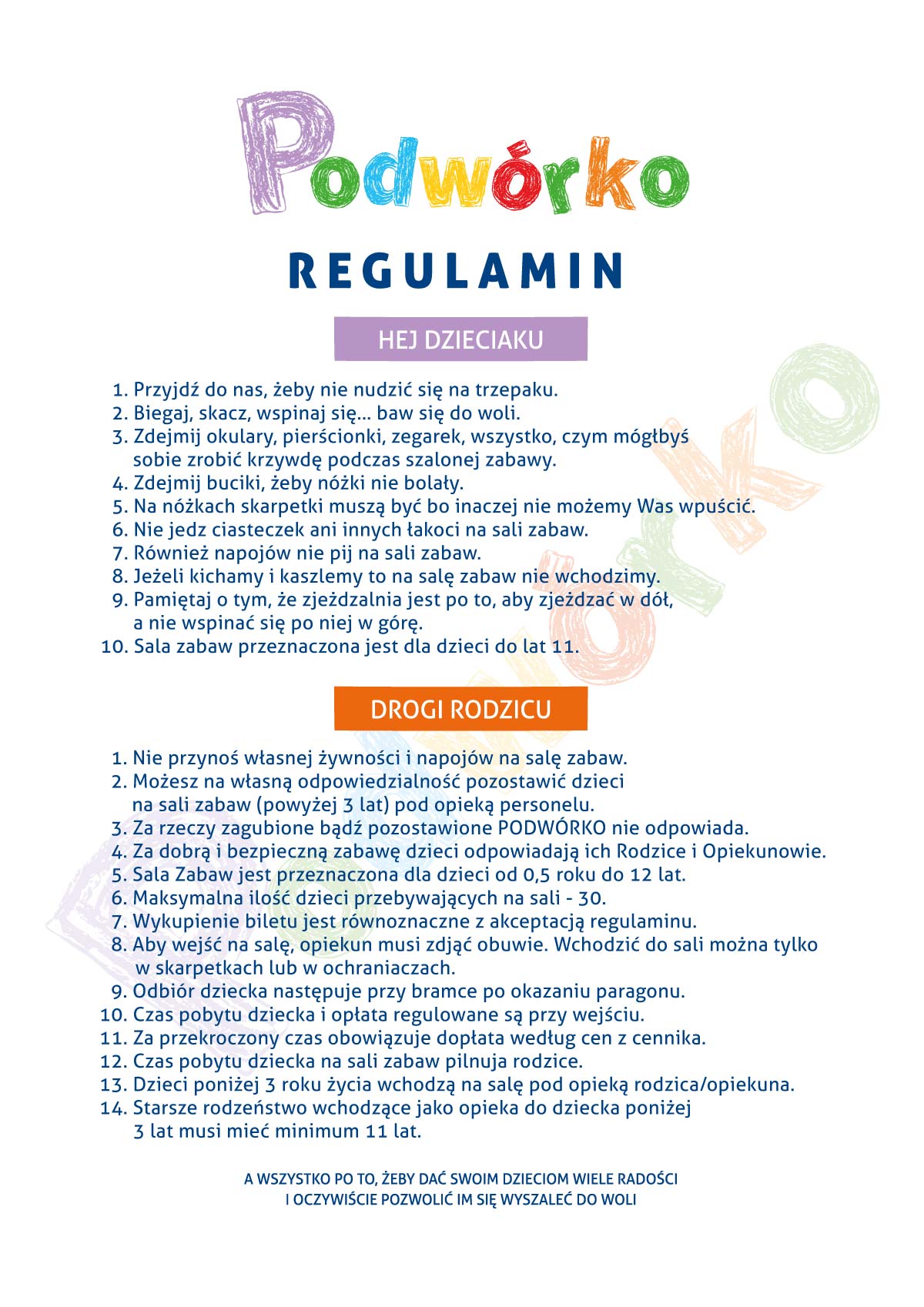 Sala zabaw Podwórko Mława Stacja Mława 14 regulamin podworko web 08 2025